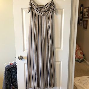 Tan jumpsuit navy stripes